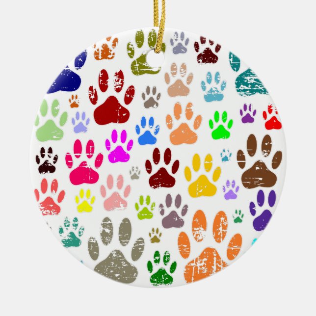 Distressed Colorful Dog Paw Prints Ceramic Ornament (Front)