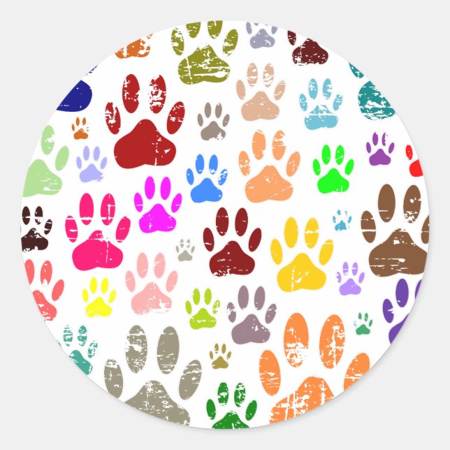 Distressed Colorful Dog Paw Prints Classic Round Sticker (Front)