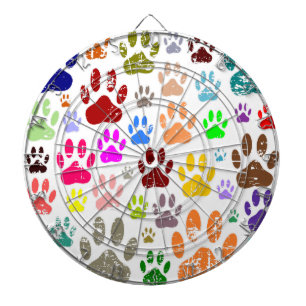 Distressed Colorful Dog Paw Prints Dartboard With Darts