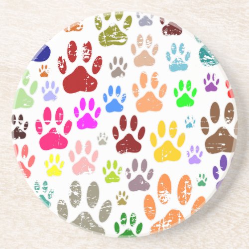 Distressed Colorful Dog Paw Prints Drink Coaster