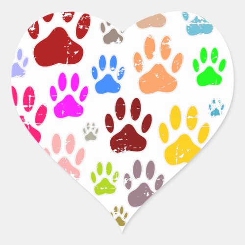 Distressed Colorful Dog Paw Prints Heart Sticker