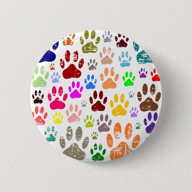 Distressed Colorful Dog Paw Prints Pinback Button (Front)