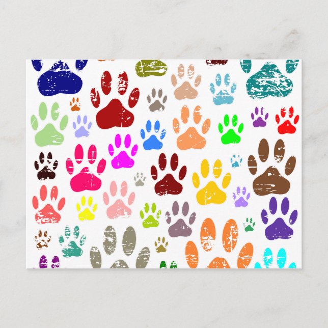 Distressed Colorful Dog Paw Prints Postcard (Front)