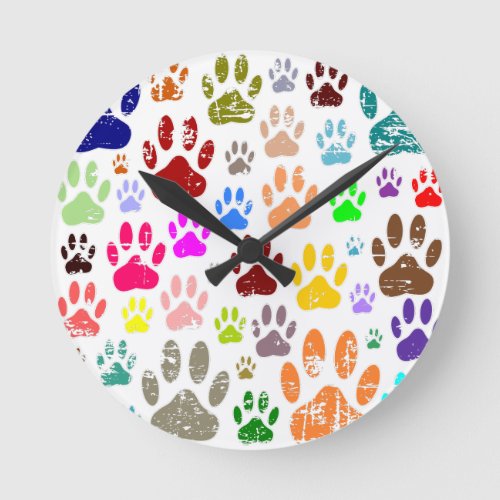 Distressed Colorful Dog Paw Prints Round Clock