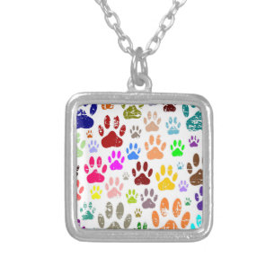 Distressed Colorful Dog Paw Prints Silver Plated Necklace