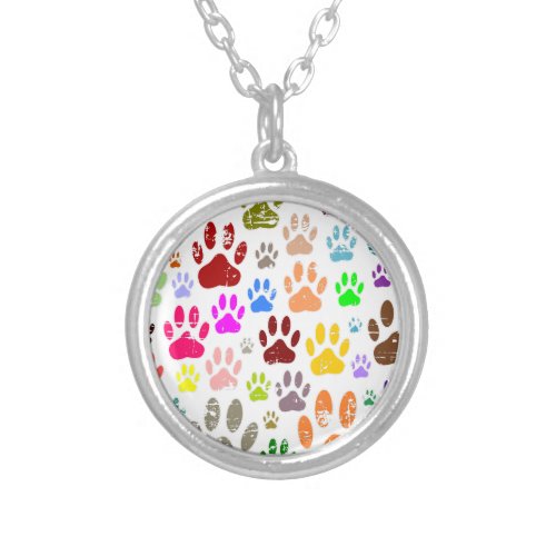 Distressed Colorful Dog Paw Prints Silver Plated Necklace