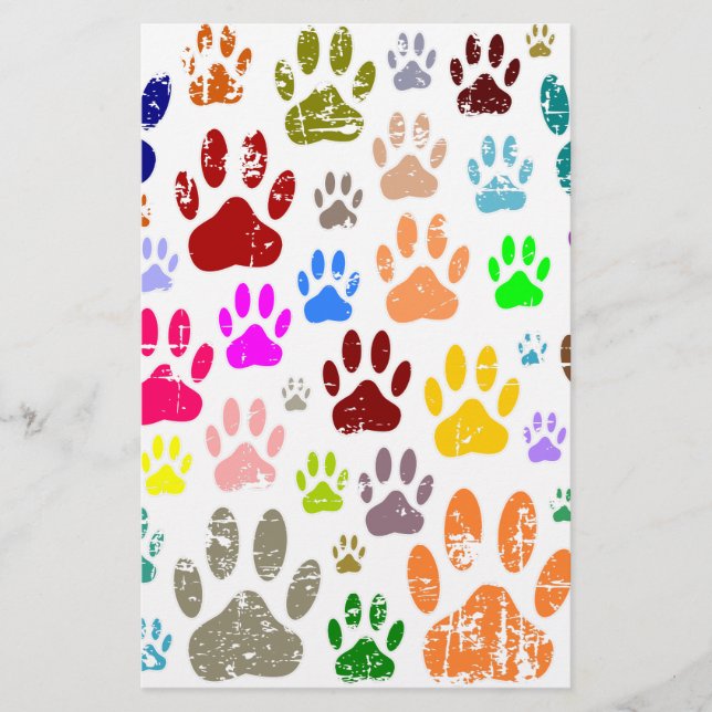 Distressed Colorful Dog Paw Prints Stationery (Front)