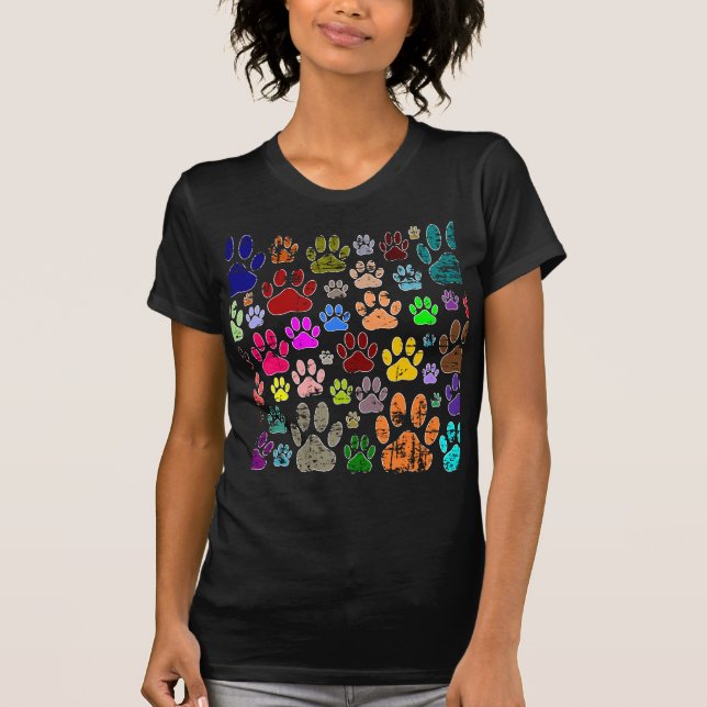 Distressed Colorful Dog Paw Prints T-Shirt (Front)