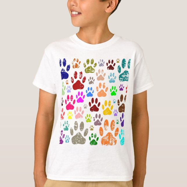 Distressed Colorful Dog Paw Prints T-Shirt (Front)