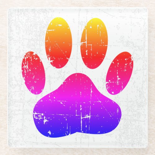Distressed Colorful Dog Pawprint Glass Coaster