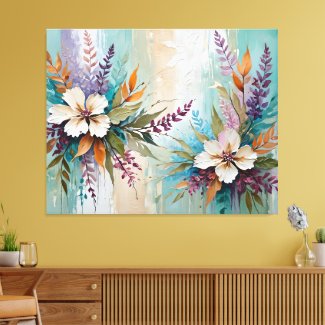 Distressed Colorful Floral on Blue Beige White