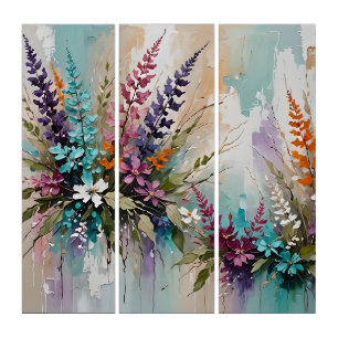 Distressed Colorful Floral on Blue Beige White Triptych