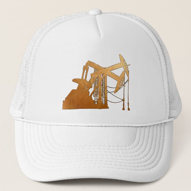 Distressed Copper Oil Pumping Unit Design Trucker Hat (Front)