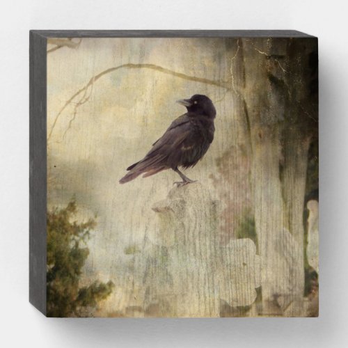 Distressed Crow In Graveyard Wooden Box Sign