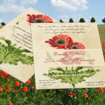 Distressed Damask Botanical Poppy Wedding Invitation by samack at Zazzle