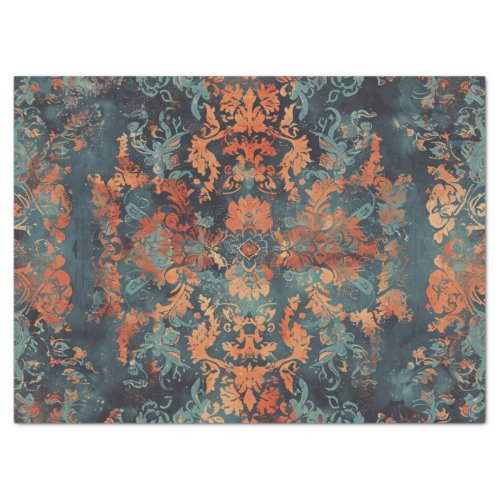 Distressed Damask Pattern Copper Teal Decoupage Tissue Paper