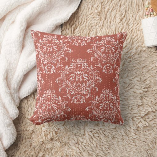 Distressed Damask Throw Pillow Muted Coral Red Zazzle