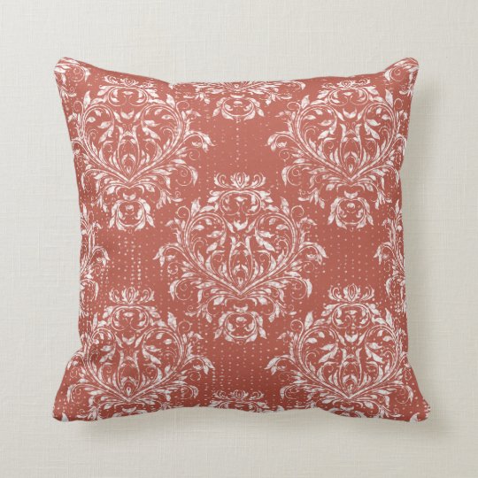 Distressed Damask Throw Pillow Muted Coral Red
