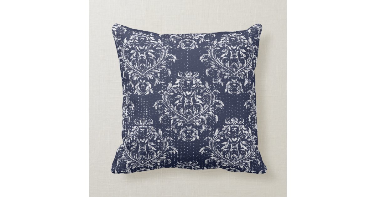 Distressed Damask Throw Pillow Navy Blue