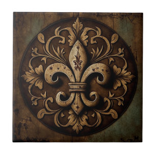 Distressed Decorative Fleur De Lis Ceramic Tile