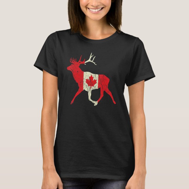 Distressed Deer Canada Day Proud Canadian Flag Can T-Shirt (Front)