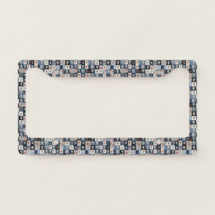 Distressed Denim Patchwork Skulls Floral License Plate Frame