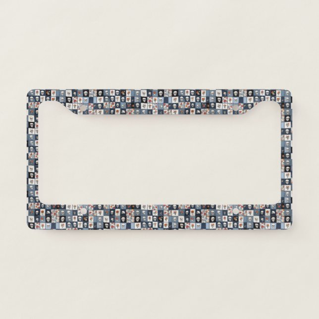 Distressed Denim Patchwork Skulls Floral License Plate Frame (Front)