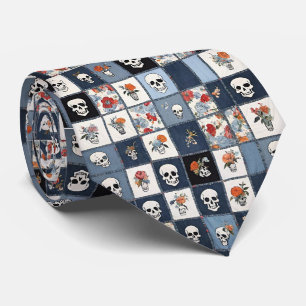 Distressed Denim Patchwork Skulls Floral Neck Tie