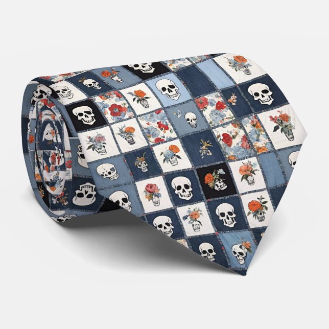 Distressed Denim Patchwork Skulls Floral Neck Tie (Rolled)