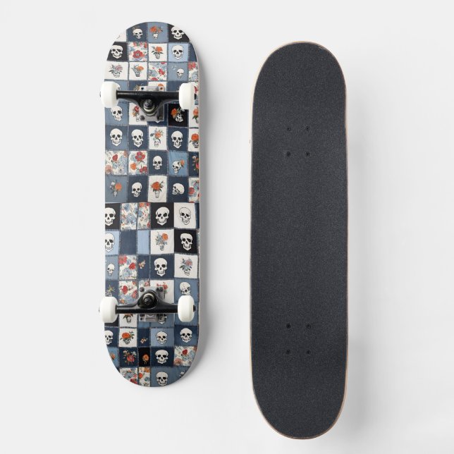 Distressed Denim Patchwork Skulls Floral Skateboard (Front)