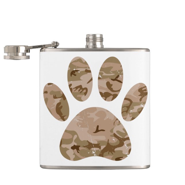 Distressed Desert Camo Dog Paw Print Flask (Opened)