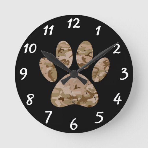 Distressed Desert Camo Dog Paw Print Round Clock