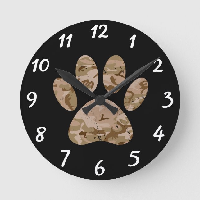Distressed Desert Camo Dog Paw Print Round Clock (Front)