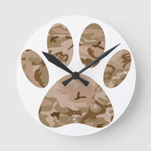 Distressed Desert Camo Dog Paw Print Round Clock