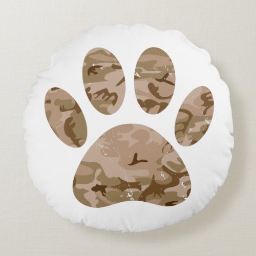 Distressed Desert Camo Dog Paw Print Round Pillow