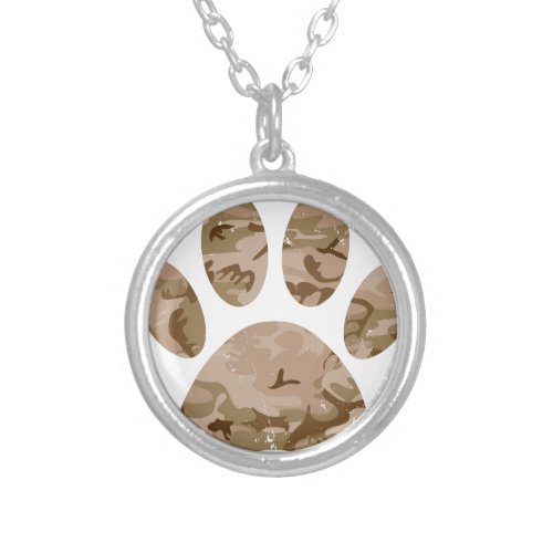 Distressed Desert Camo Dog Paw Print Silver Plated Necklace