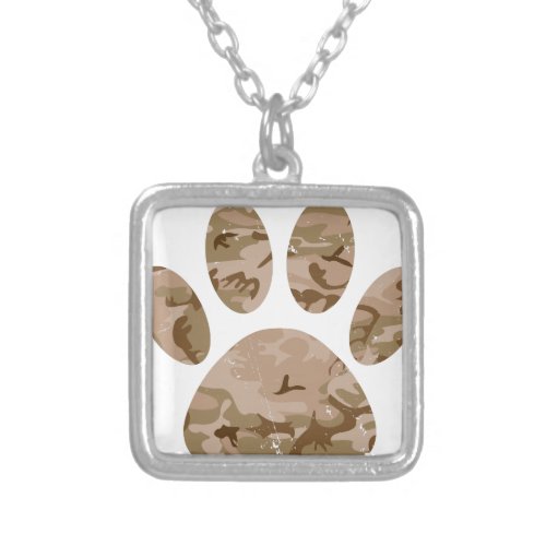 Distressed Desert Camo Dog Paw Print Silver Plated Necklace