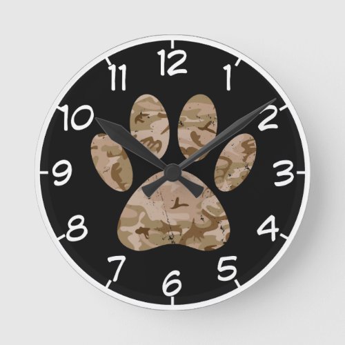 Distressed Desert Camo Dog Paw Print With Numbers Round Clock