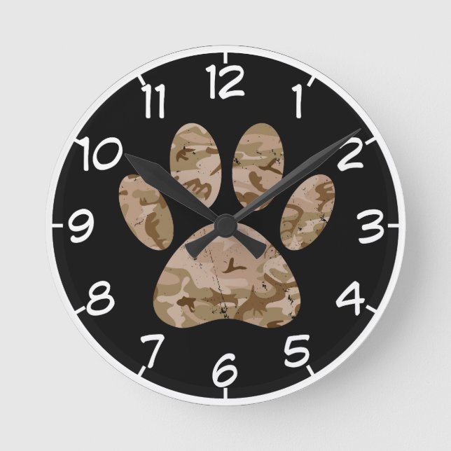 Distressed Desert Camo Dog Paw Print With Numbers Round Clock (Front)