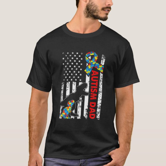 Distressed Dinosaur Autism Dad USA Flag Autism Awa T-Shirt (Front)