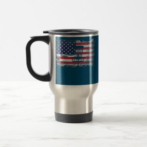 Distressed Disc Golf American Flag Vintage USA Travel Mug