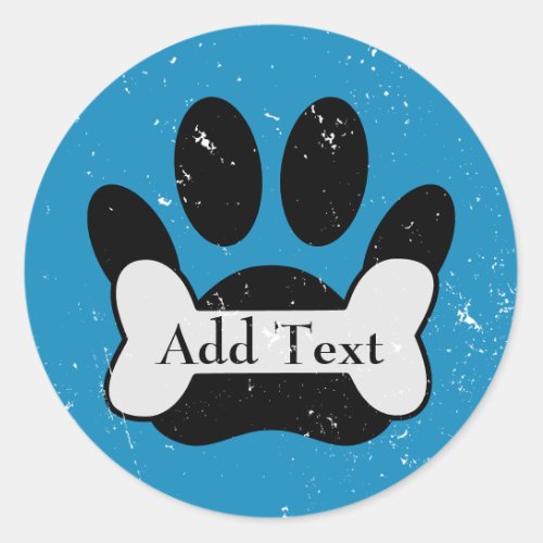 Distressed Dog Paw Print And Bone On Baby Blue Classic Round Sticker