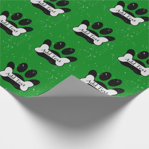 Distressed Dog Paw Print And Bone On Green Wrapping Paper