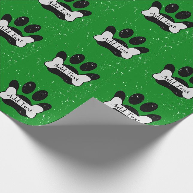 Distressed Dog Paw Print And Bone On Green Wrapping Paper (Corner)