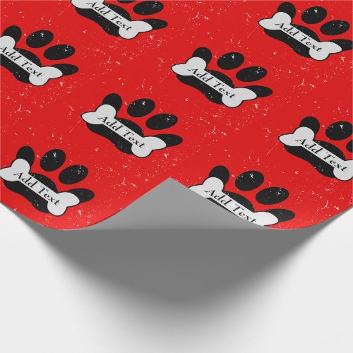 Distressed Dog Paw Print And Bone On Red Wrapping Paper