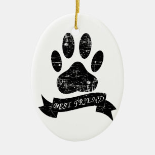 Distressed Dog Paw With Ribbon Ceramic Ornament
