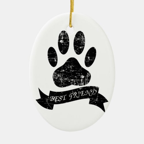 Distressed Dog Paw With Ribbon Ceramic Ornament