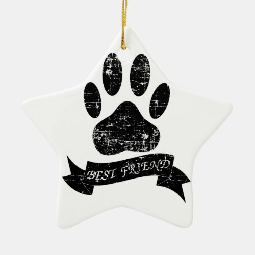 Distressed Dog Paw With Ribbon Ceramic Ornament