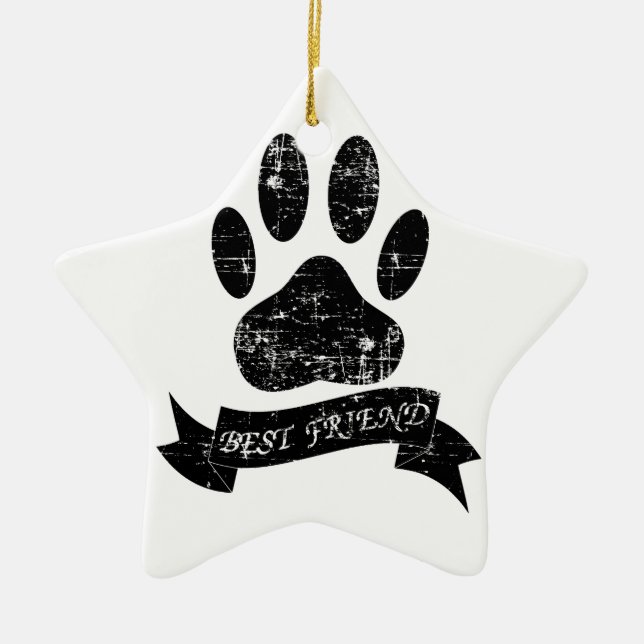 Distressed Dog Paw With Ribbon Ceramic Ornament (Front)