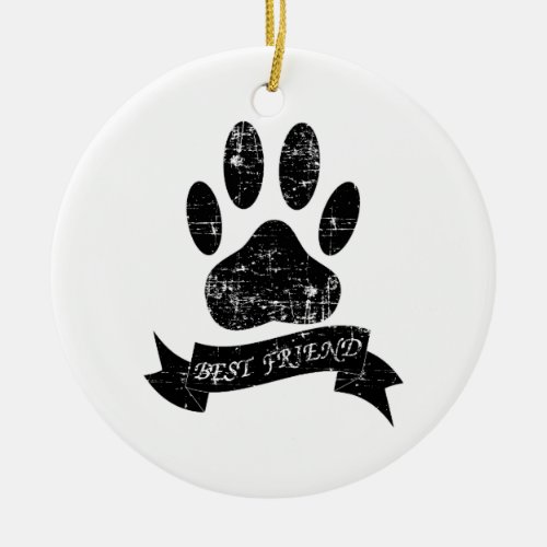 Distressed Dog Paw With Ribbon Ceramic Ornament